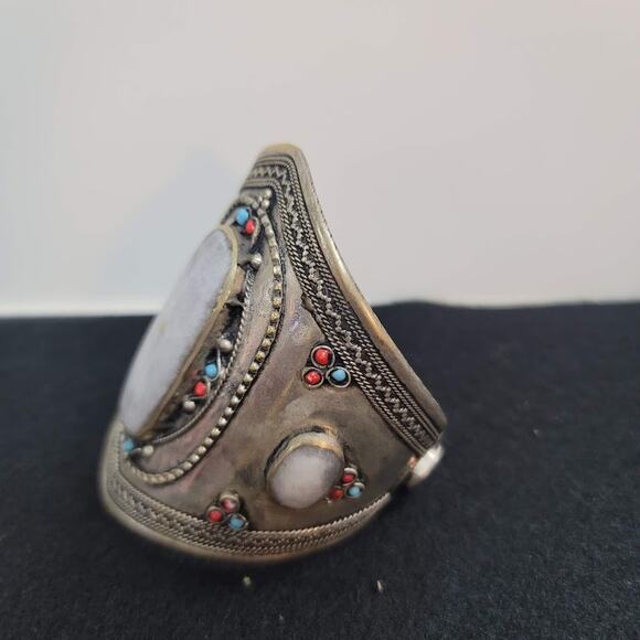 Cuff bracelet Kuchi Tribal Stone Alpaca Silver Turkmen Afghan Ethnic Boho - Picture 6 of 6